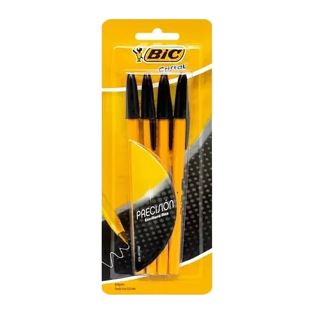 Bolígrafo BIC Cristal, Negro punto fino, 4 piezas