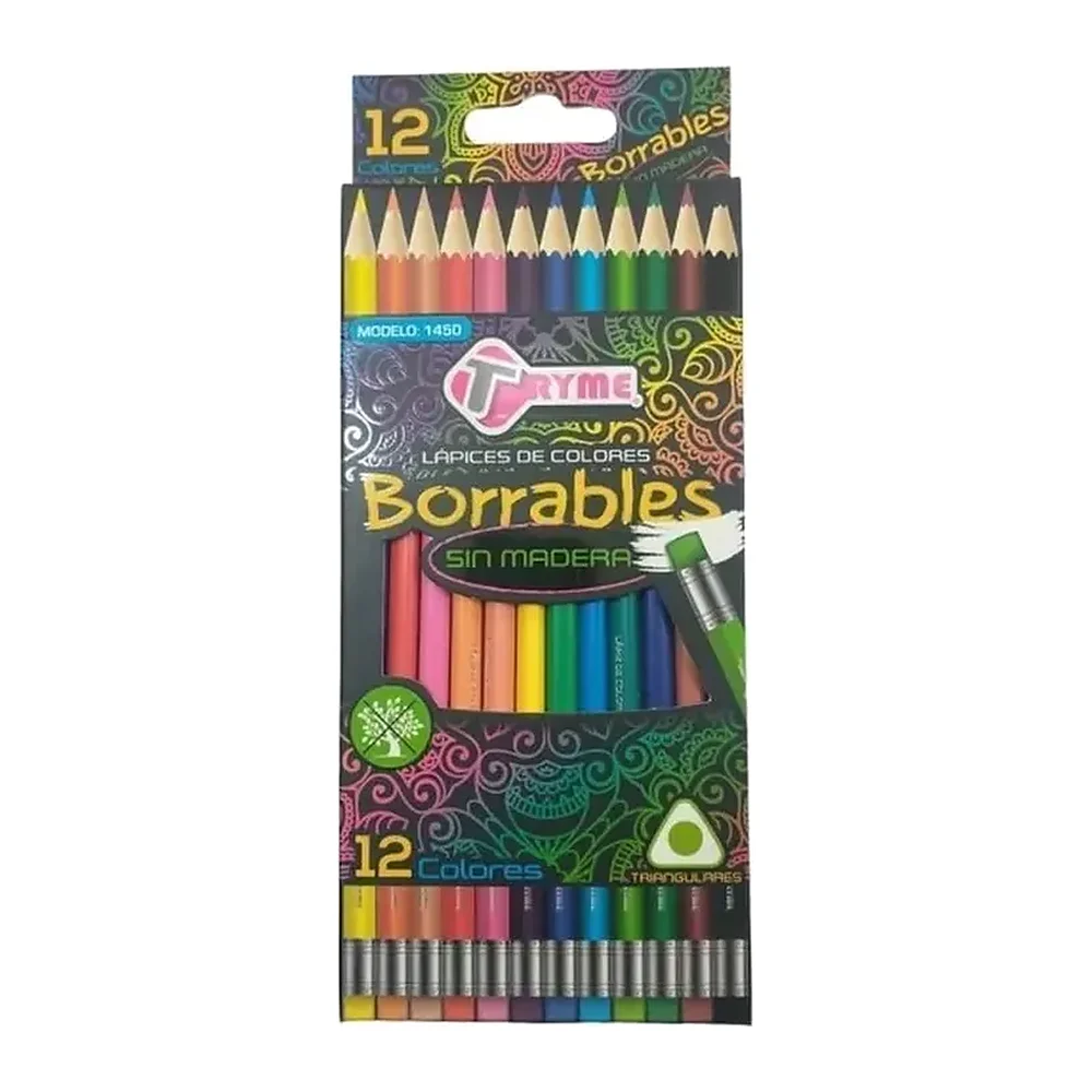 Lápices de Colores Borrables Tryme Sin Madera, Surtidos, 12 piezas