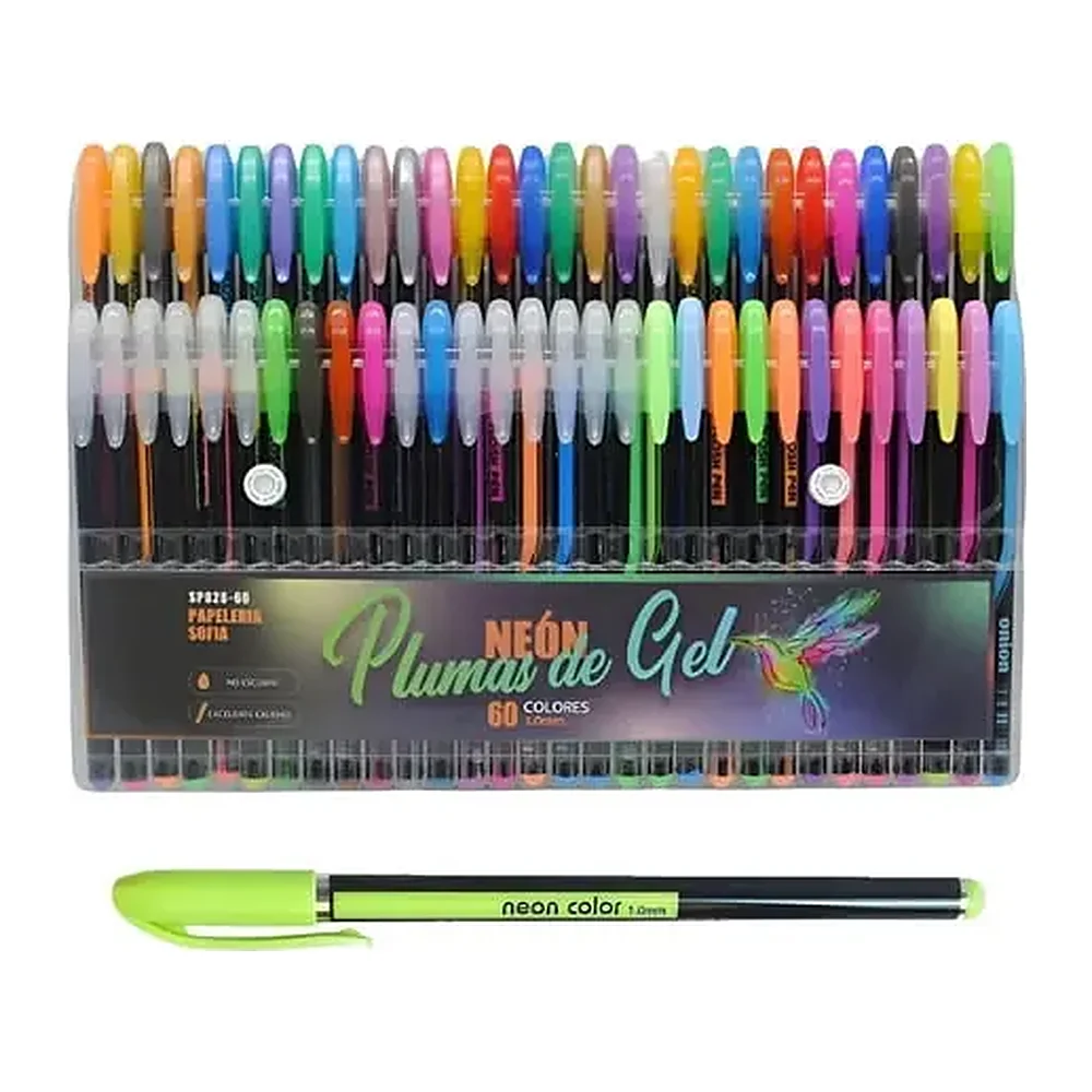 Plumas de Gel Metálicas, Glitter, Pastel y Neón, 60 piezas