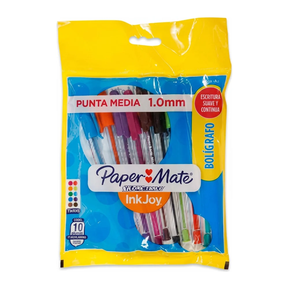 Bolígrafo Paper Mate InkJoy Transparente, Colores punta 1.0 mm, 10 piezas