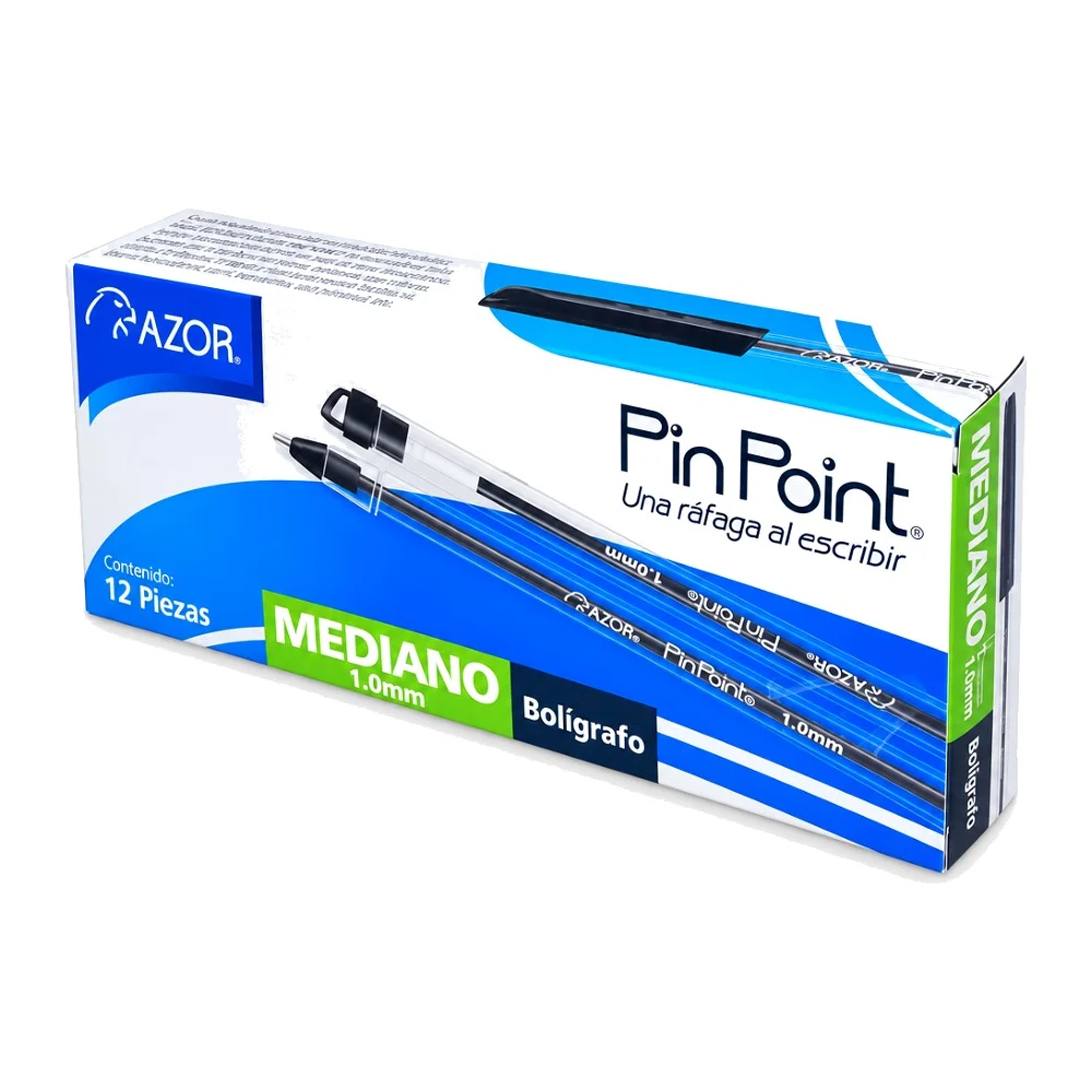 Bolígrafo Azor Pin Point Transparente, Negro punta mediana 1.0 mm, 12 piezas