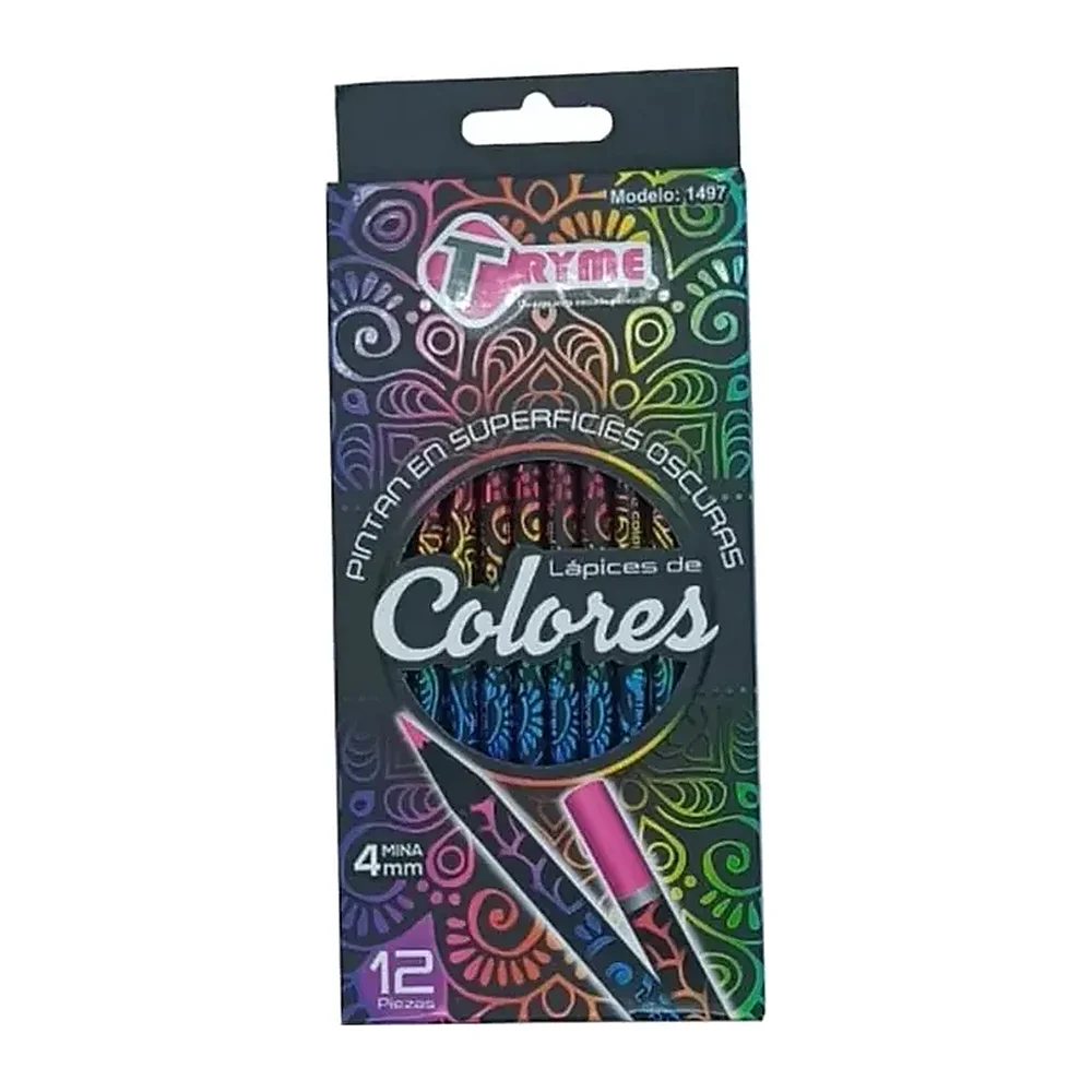 Lápices de Colores Tryme para Superficies Oscuras, Punta 4.0 mm, 12 piezas