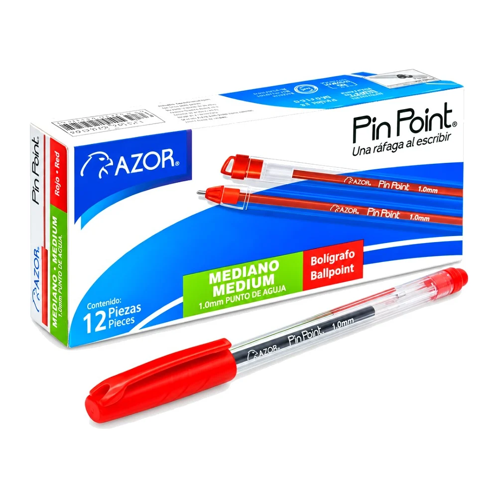 Bolígrafo Azor Pin Point Transparente, Rojo punta mediana, 12 piezas